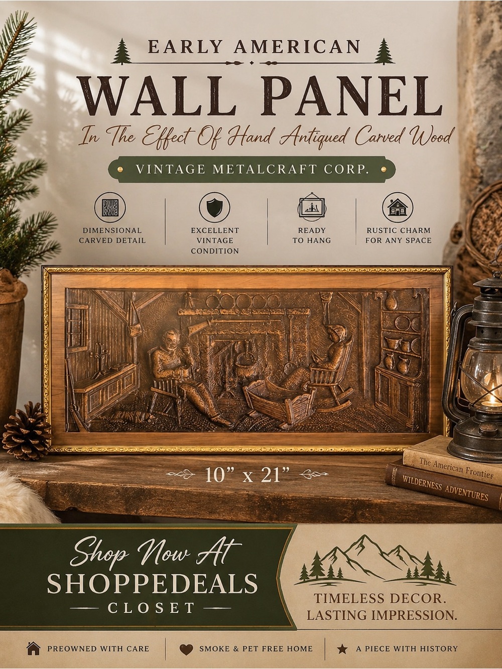 Metalcraft Corp Early American Wall Panel – 3D Carved Look Cabin Scene Framed
